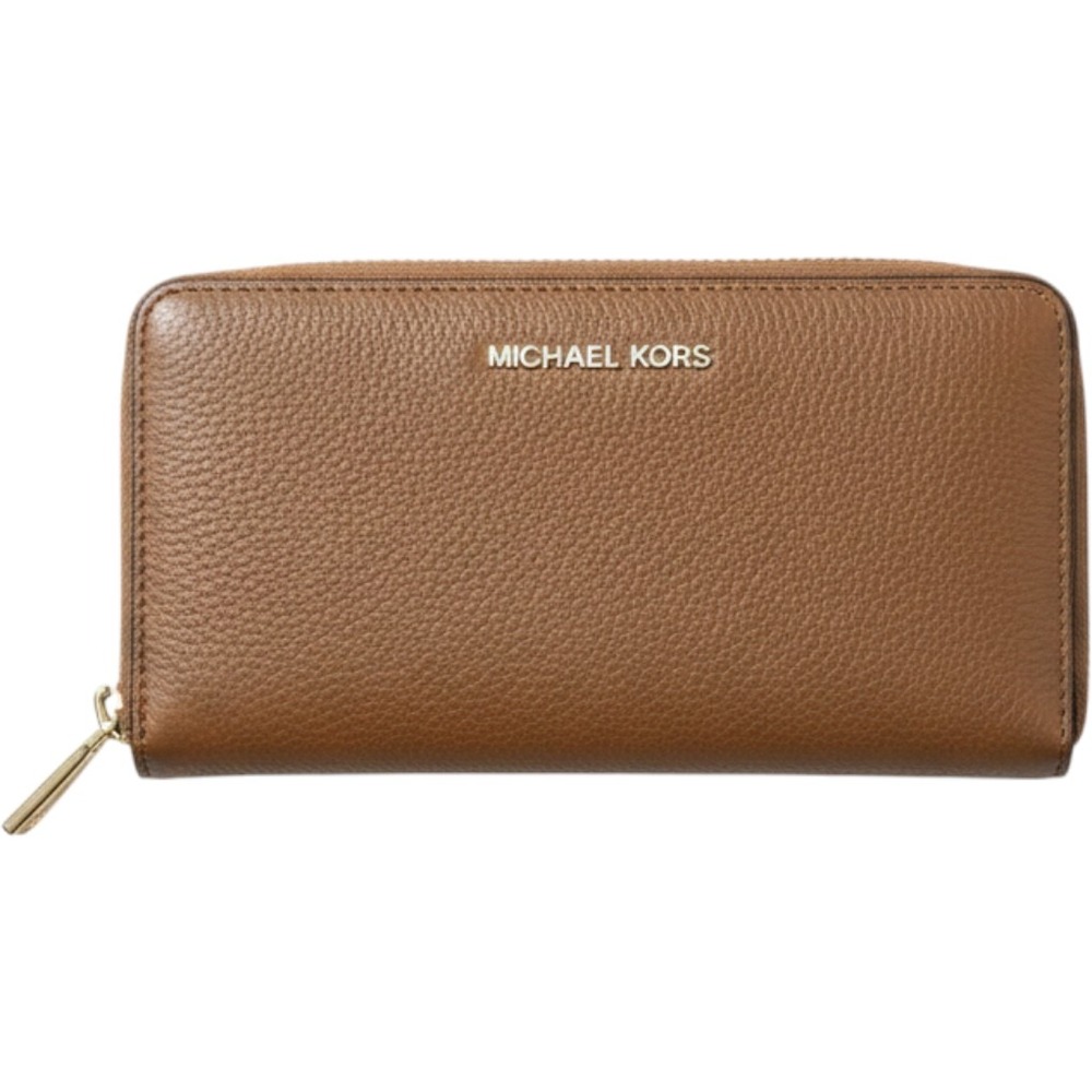 Michael Kors Jet Set Continental Wallet Luggage Brown Pebbled Leather Gold Logo